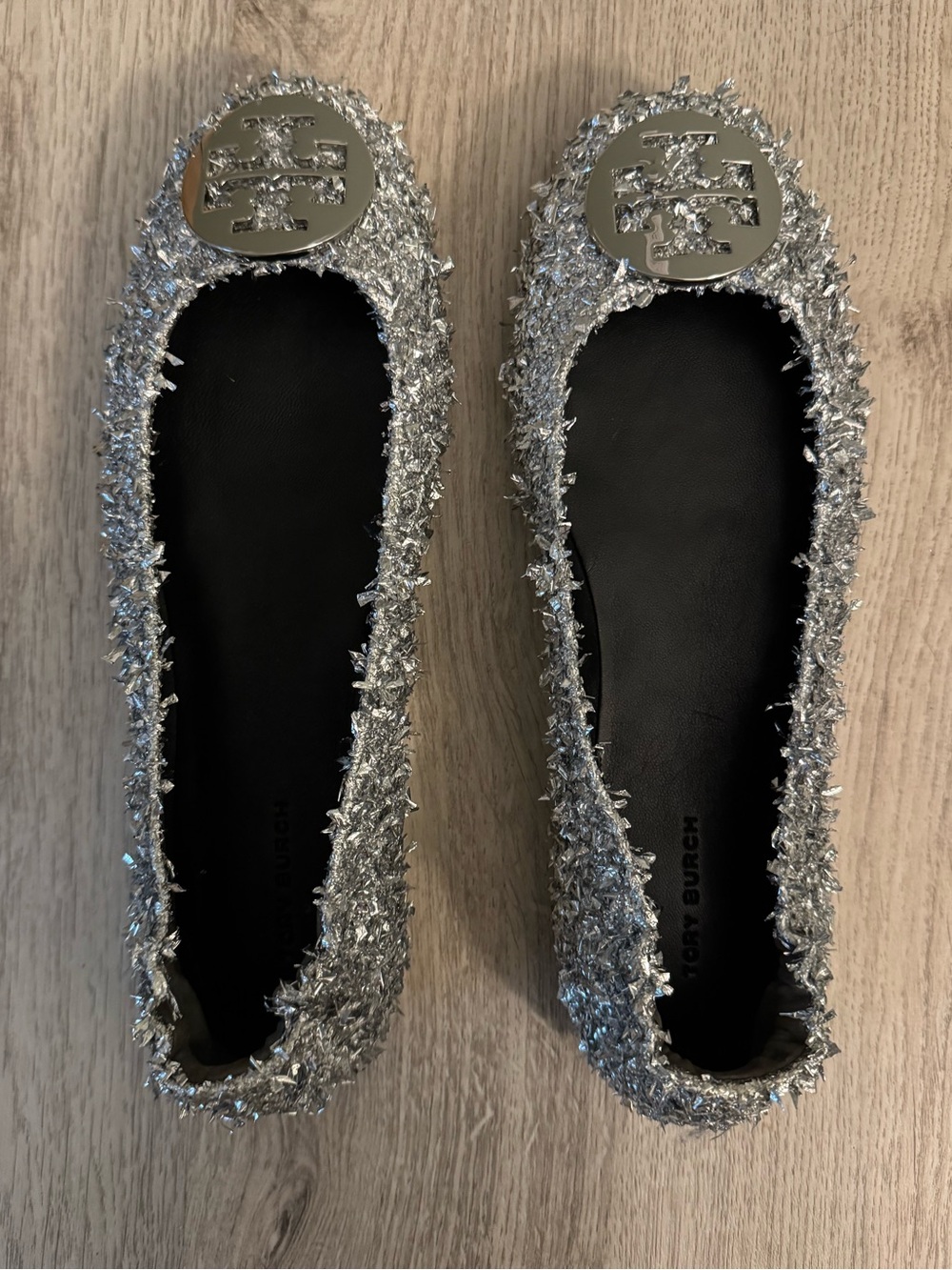 Tory Burch Minnie Silver Confetti Logo Ballet Flats